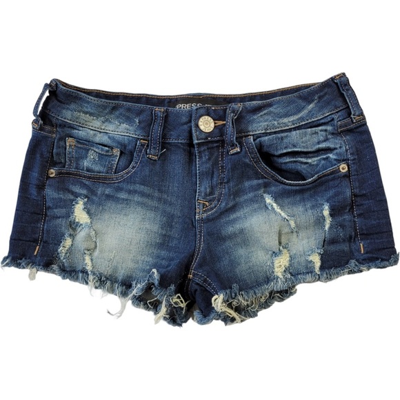 Express Jeans woman’s dark blue cut off distressed jean shorts size 0 - Picture 1 of 11